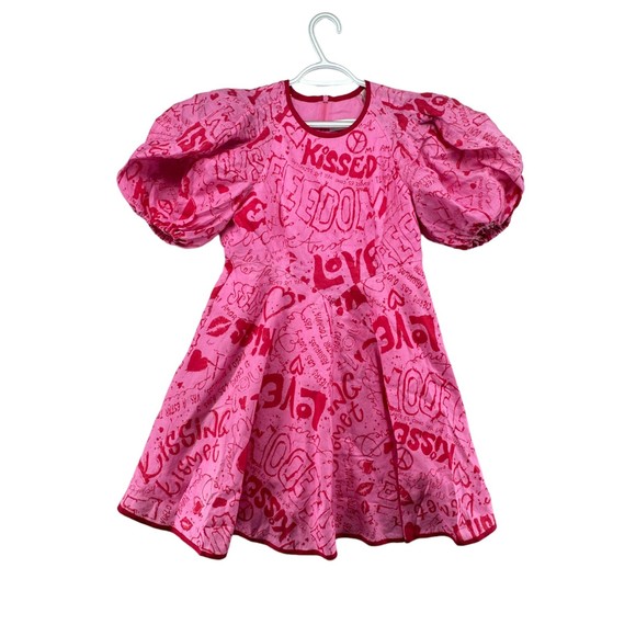 ZIMMERMANN Dresses & Skirts - Zimmermann Linen Day Dress Size 6 Pink Red Graffiti Print Mini Puff Sleeve